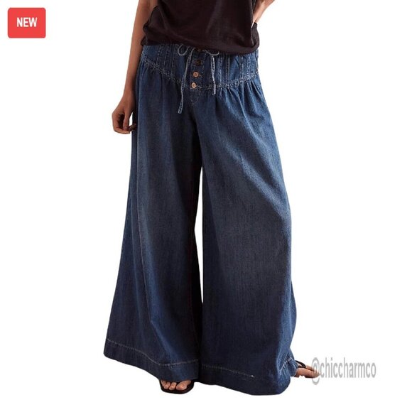Denim - Women's Baggy Wide Leg Denim Pants Drawstring Midi Waisted Flare Jeans